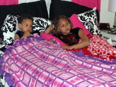 The girls with their blankets in my bedroom.
